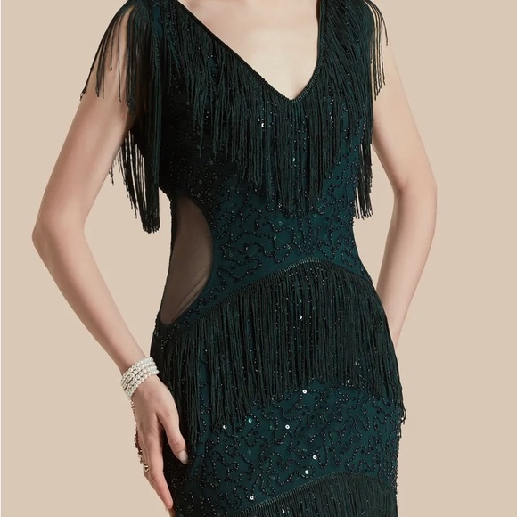 Embroidery Multi-Layered flapper style Tassel Dress in deep emerald green NWT - Picture 2 of 11